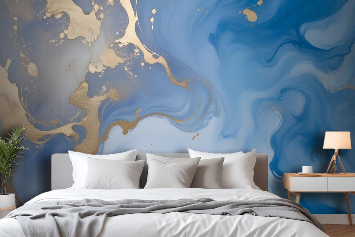 Blue Gold Look Marble With Splash Wallpaper Mural