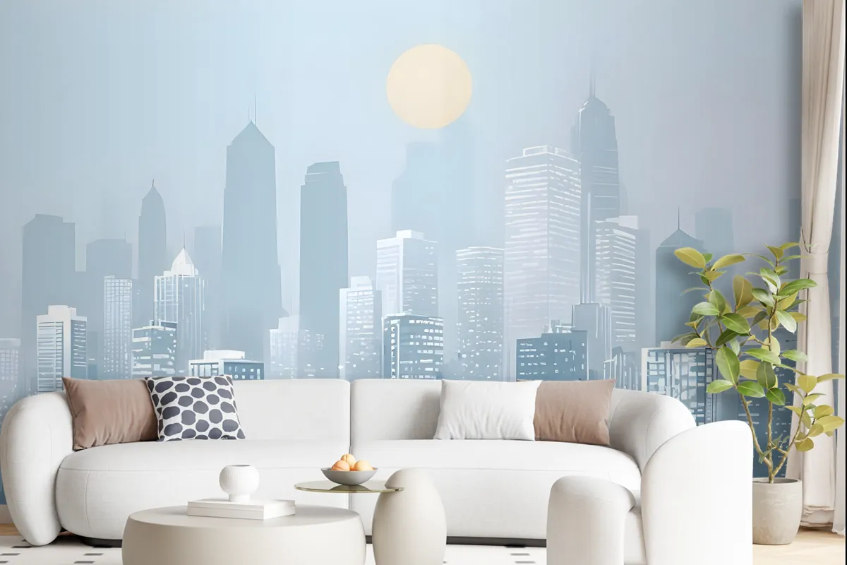 Blue Monochrome Cityscape And Soft Sun Wallpaper Mural