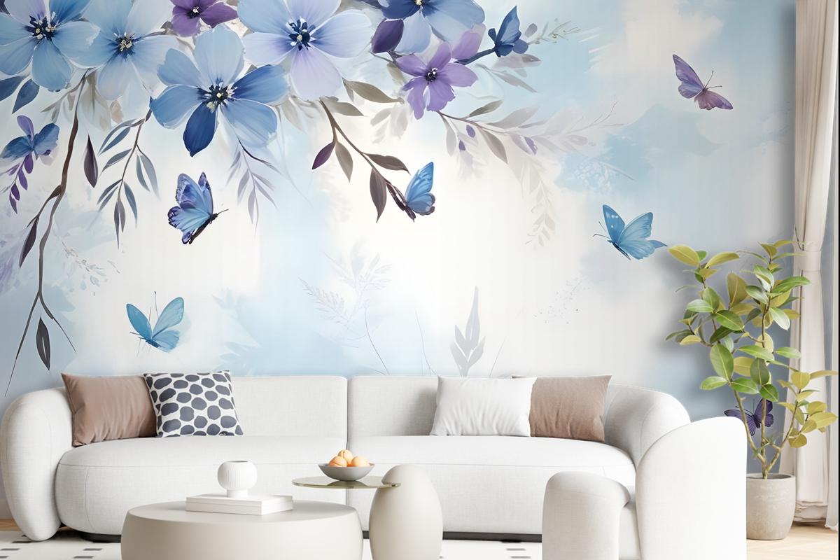 Blue Purple Floral With Little Butterfly Wallpaper Mural