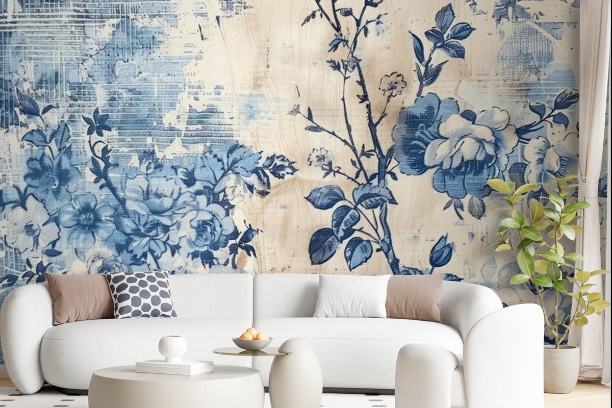 A Blue And White Floral Print Is On A Blue And White Wallpaper Mural