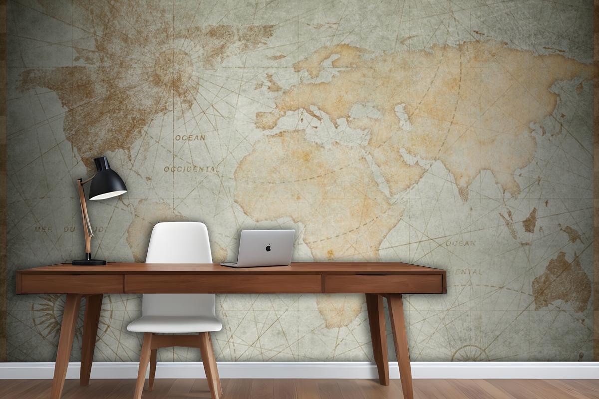 Blue Worn Vintage World Map Wallpaper Mural