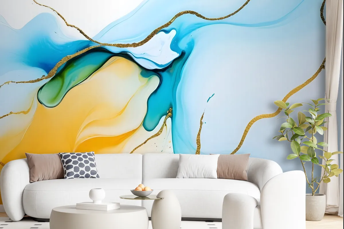 Blue Yellow Watercolor Brush With Modern Lines Wallpaper Mural