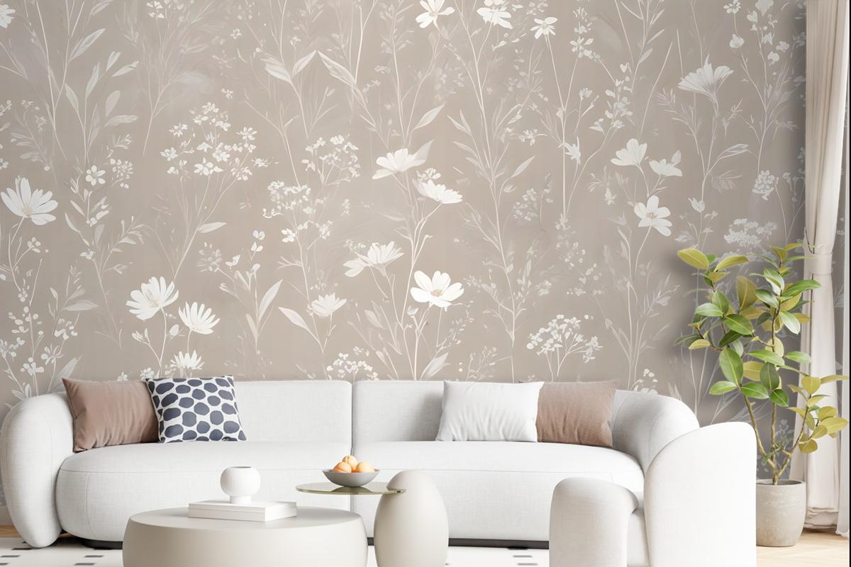 Bohemian Style Neutral Color Wild Flowers Art Wallpaper Mural