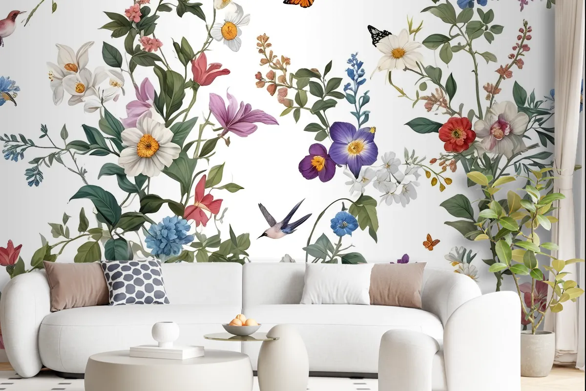 Botanical Flowers Floral With Birds Wallpaper Mural