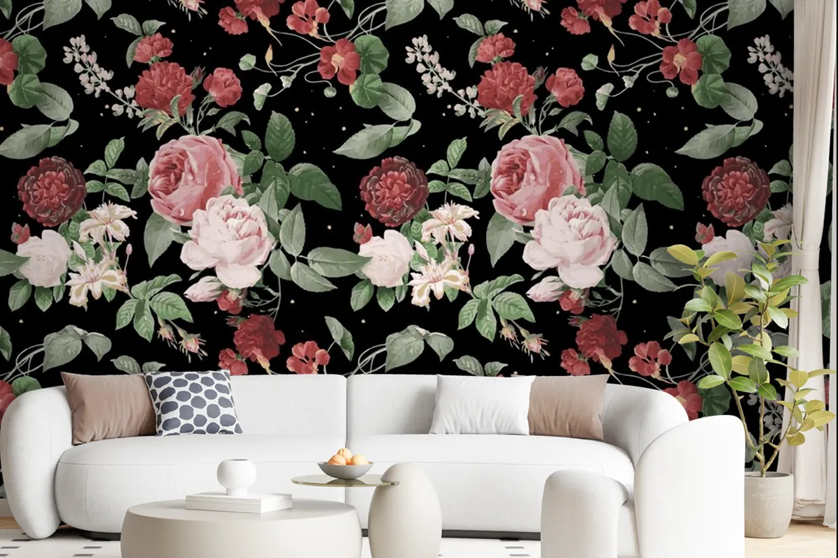 Botanical Valentine's roses pattern watercolor wallpaper mural