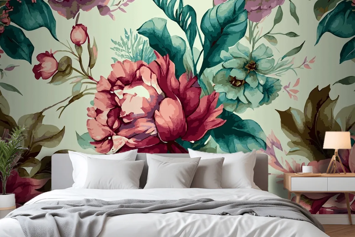 Botanical Watercolor Hand Drawn Flowers Wallpaper Mural