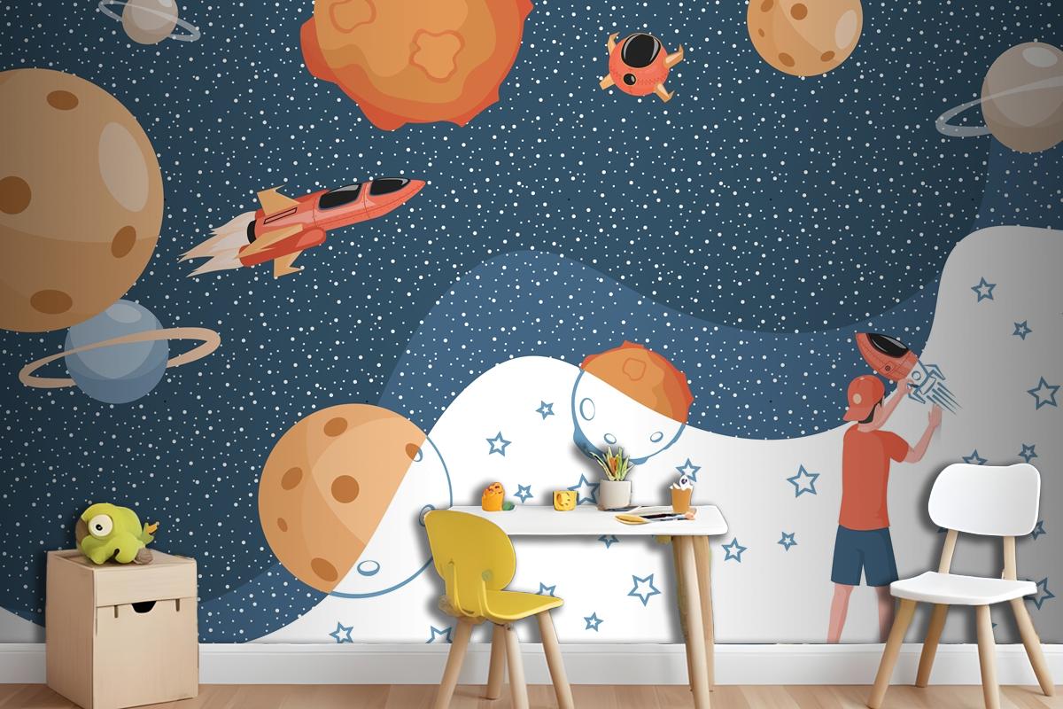 Boy Drawing Cosmos Planets Spaceships And Stars Wallpaper Mural