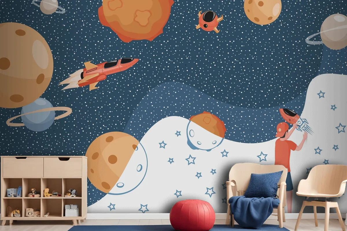 Boy Drawing Cosmos Planets Spaceships And Stars Wallpaper Mural