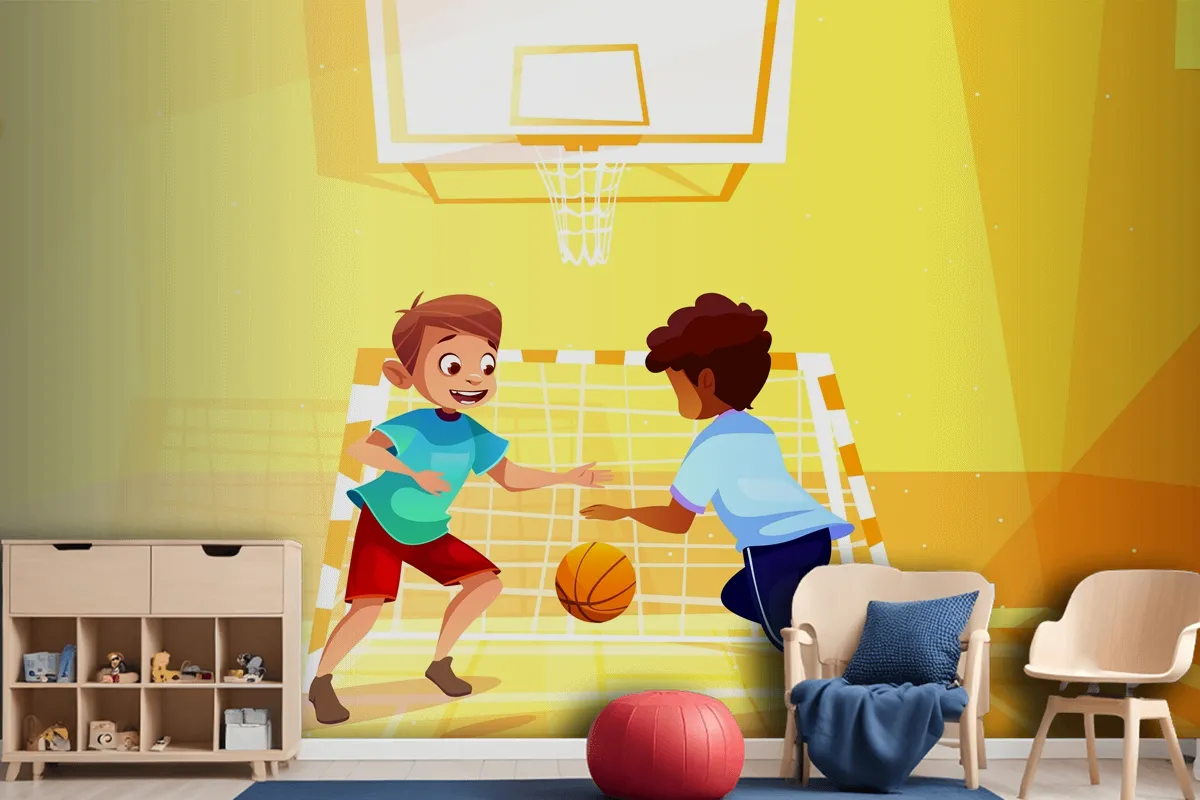 Boys Playing Basketball Kid With Ball In School Wallpaper Mural