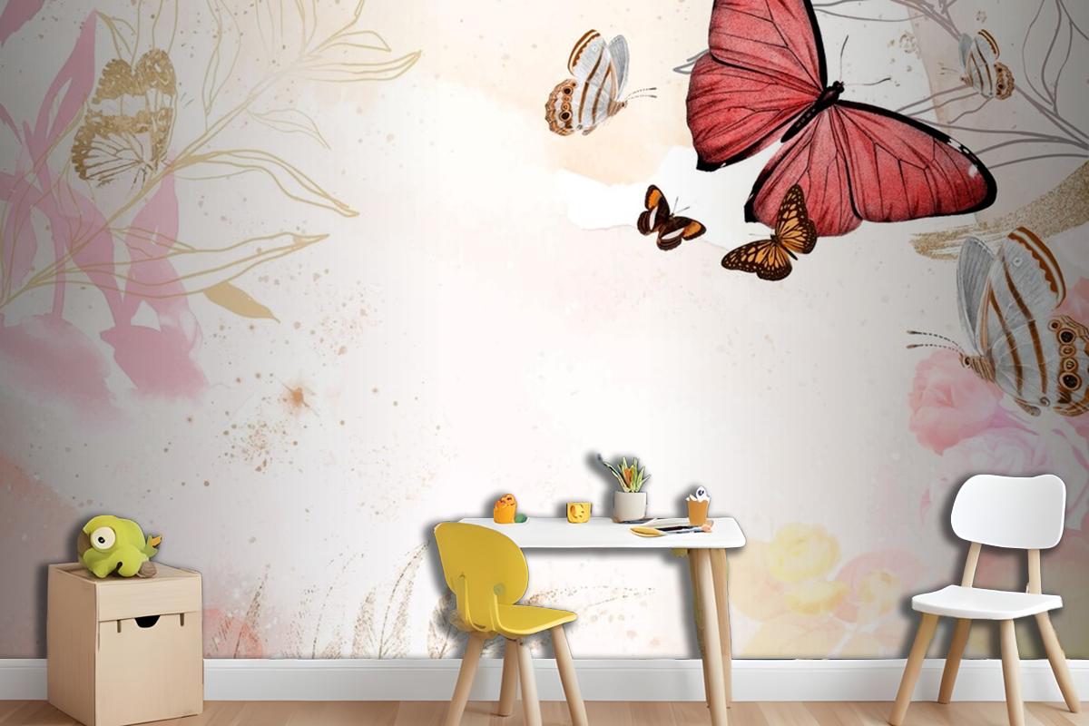 Butterfly Background Aesthetic Border With Flowers Wallpaper Mural