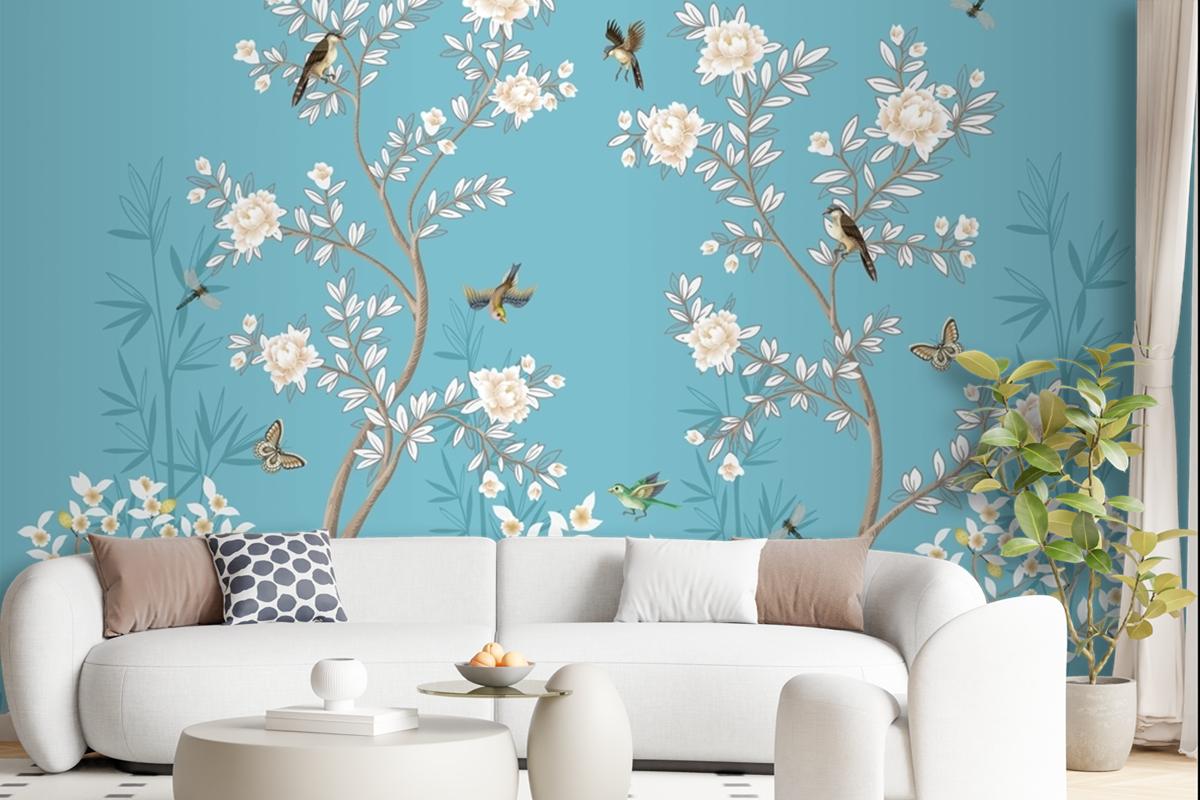 Chinoiserie Mural With Peonies And Birds Wallpaper Mural