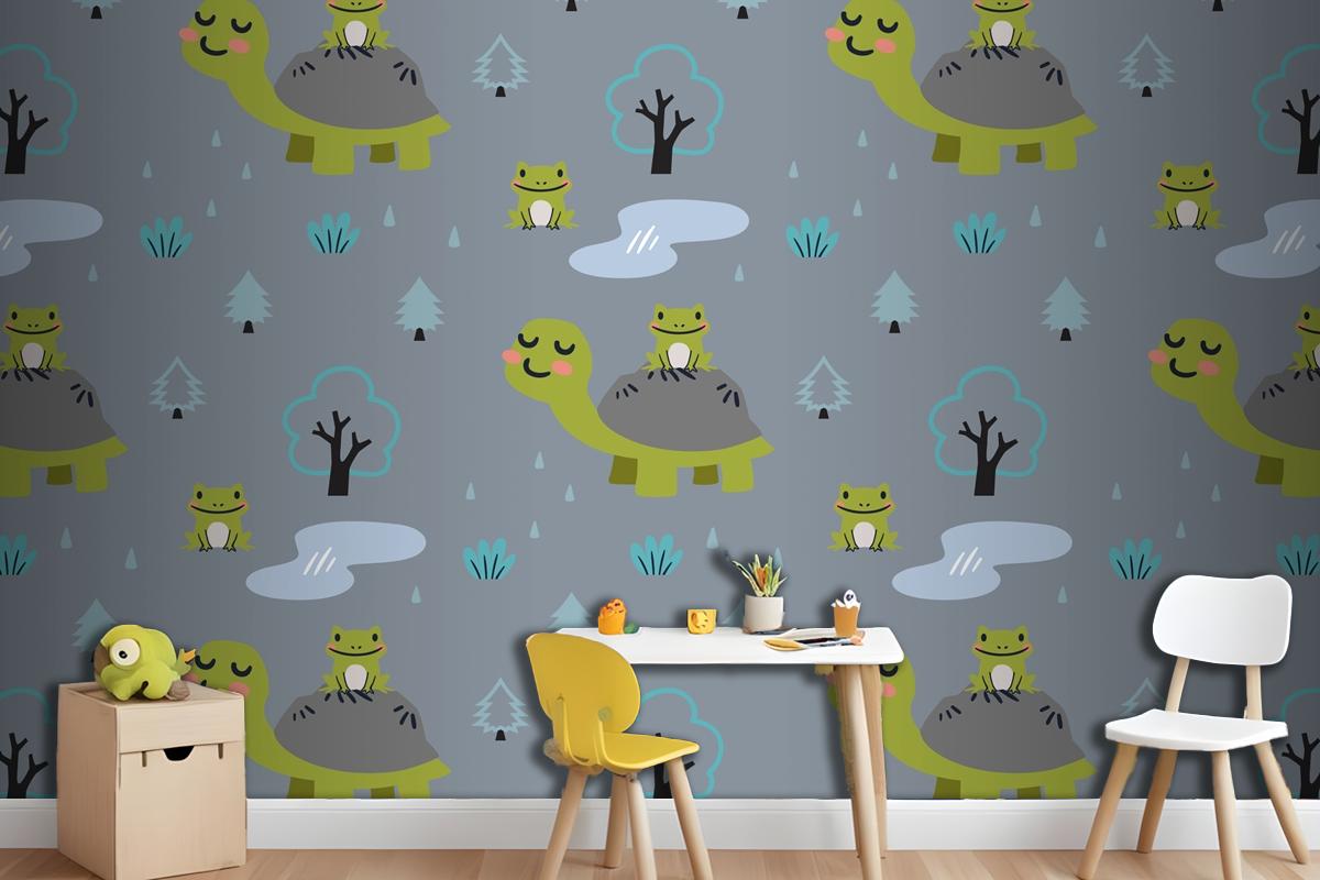 Cartoon Animals Pattern With Cute Mom Turtle And Frogs Wallpaper Mural