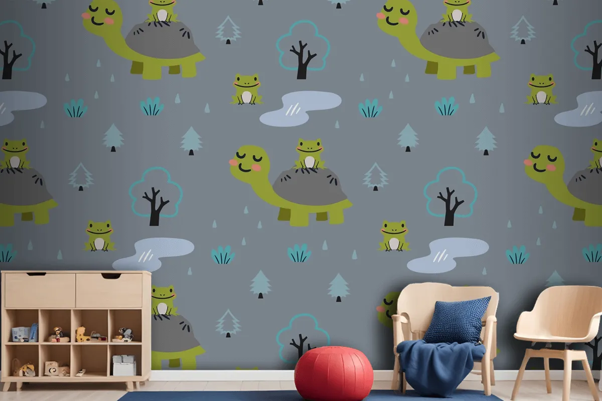 Cartoon Animals Pattern With Cute Mom Turtle And Frogs Wallpaper Mural