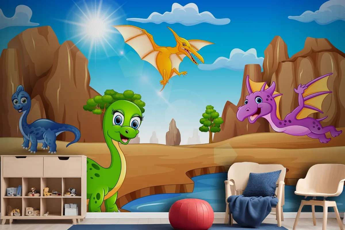 Cartoon Happy Dinosaurs Living In The Desert Wallpaper Mural