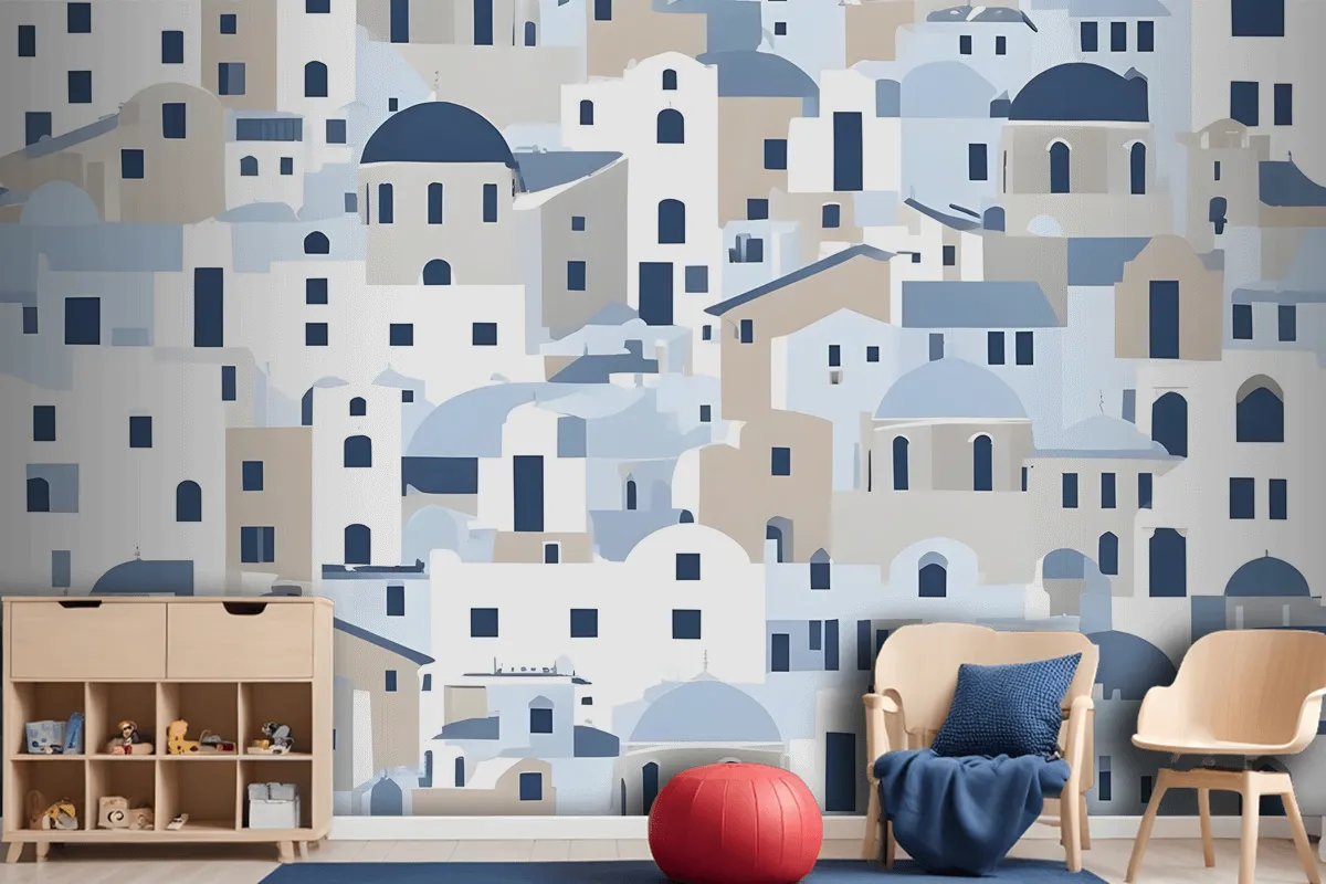 Cartoon Old Blue Greek House Wallpaper Mural