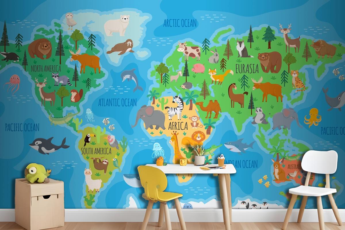 Cartoon World Map For Kids Nursery With Forest Animals Wallpaper Mural