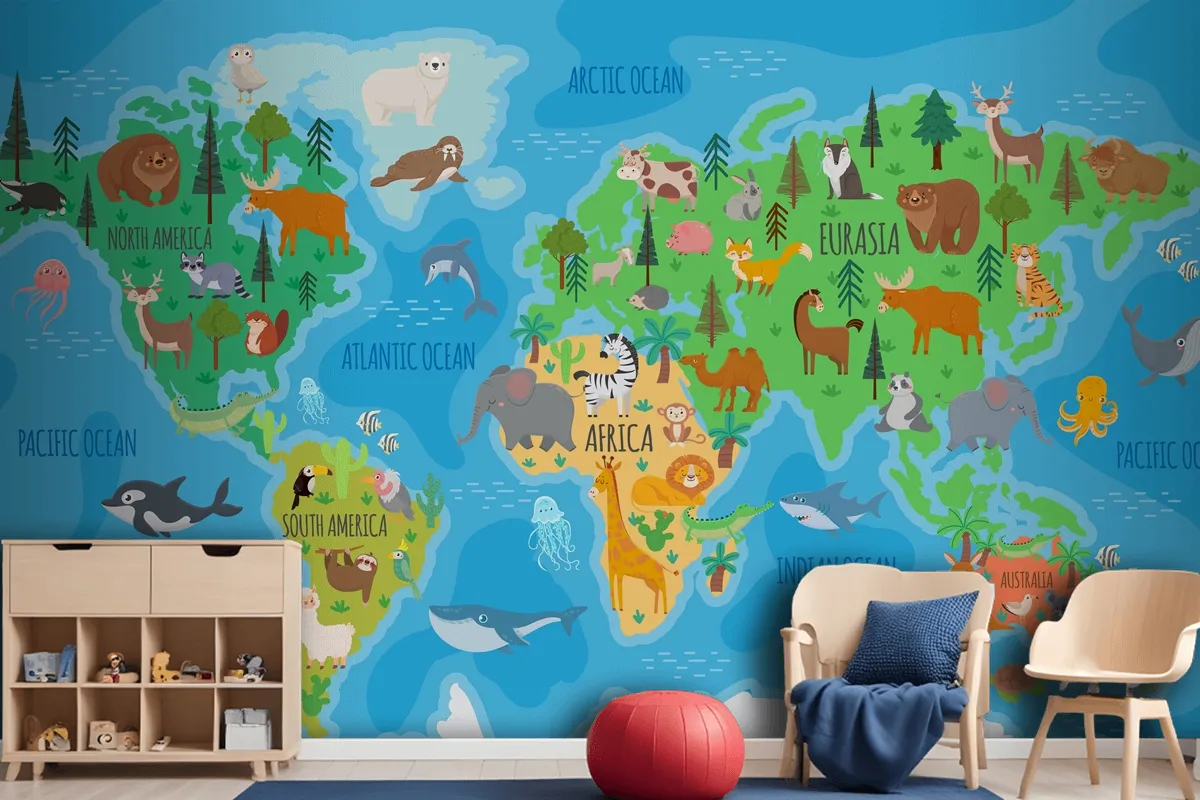 Cartoon World Map For Kids Nursery With Forest Animals Wallpaper Mural