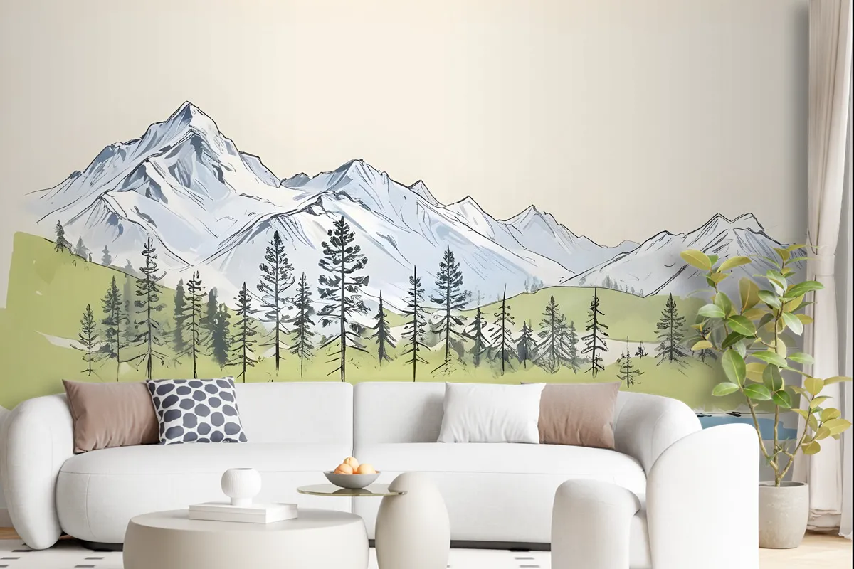 Charcoal Mountain Landscape With Lake And Pine Trees Wallpaper Mural