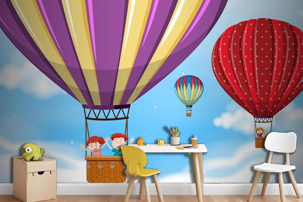 Children Riding Hot Air Balloon Wallpaper Mural