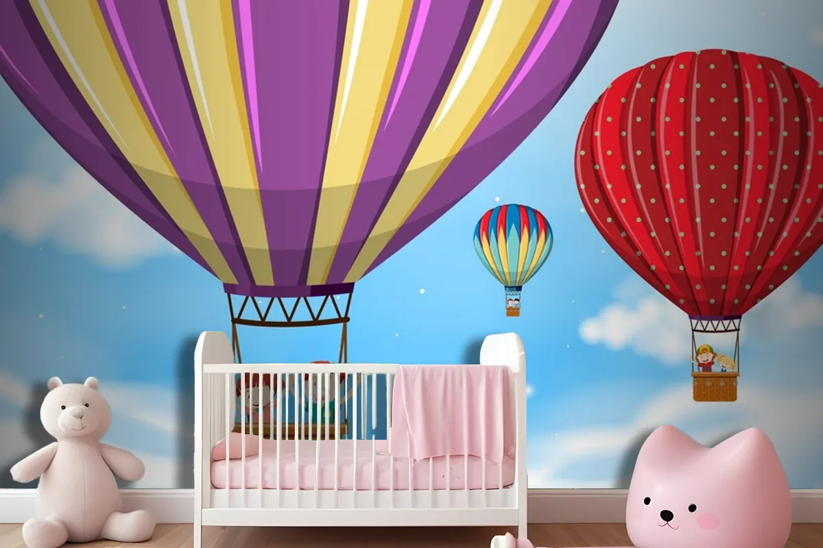 Children Riding Hot Air Balloon Wallpaper Mural