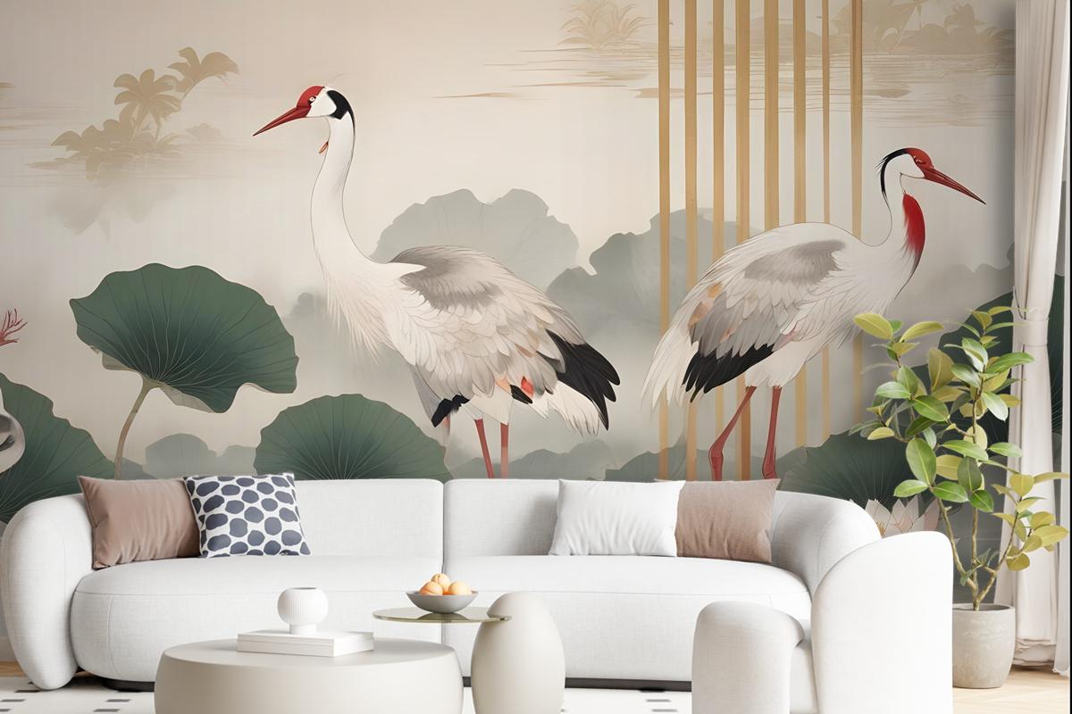 Chinese Crane Birds With Lotus Florals Wallpaper Mural