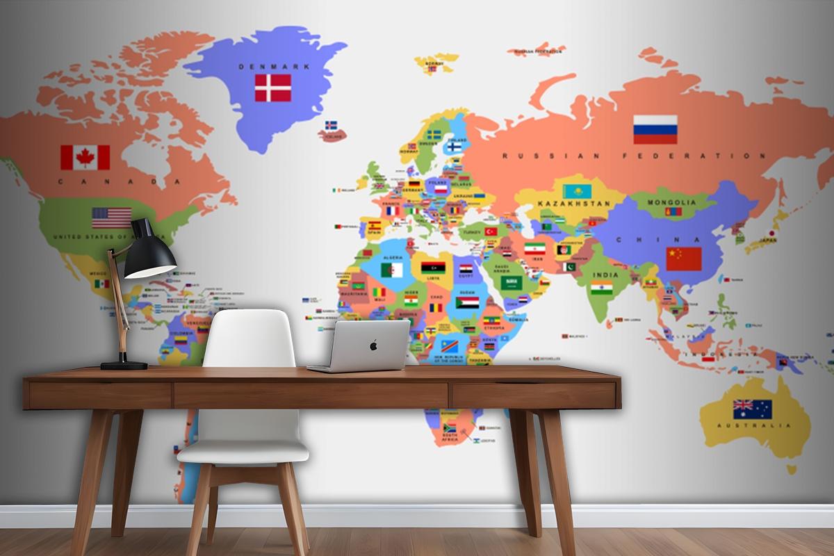 Color World Map With The Names Of Countries And National Flags Wallpaper Mural