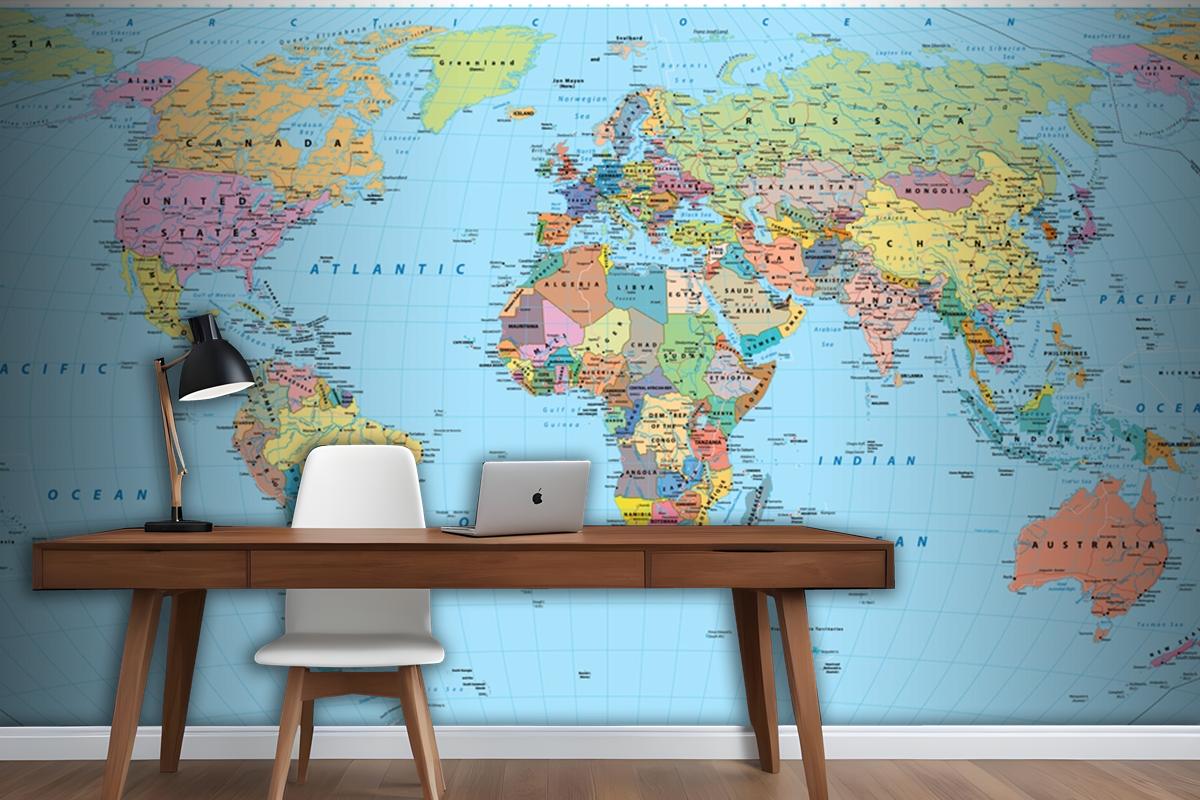 Colored World Map Borders Countries Roads And Cities Wallpaper Mural