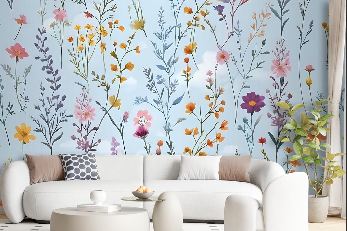 Colorful Blossoms Blue Wallpaper Mural