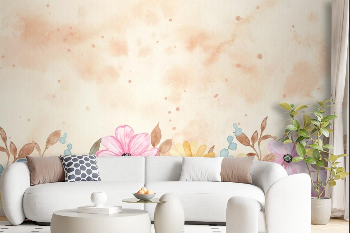 Colorful Floral Garden Background With Watercolor Wallpaper Mural