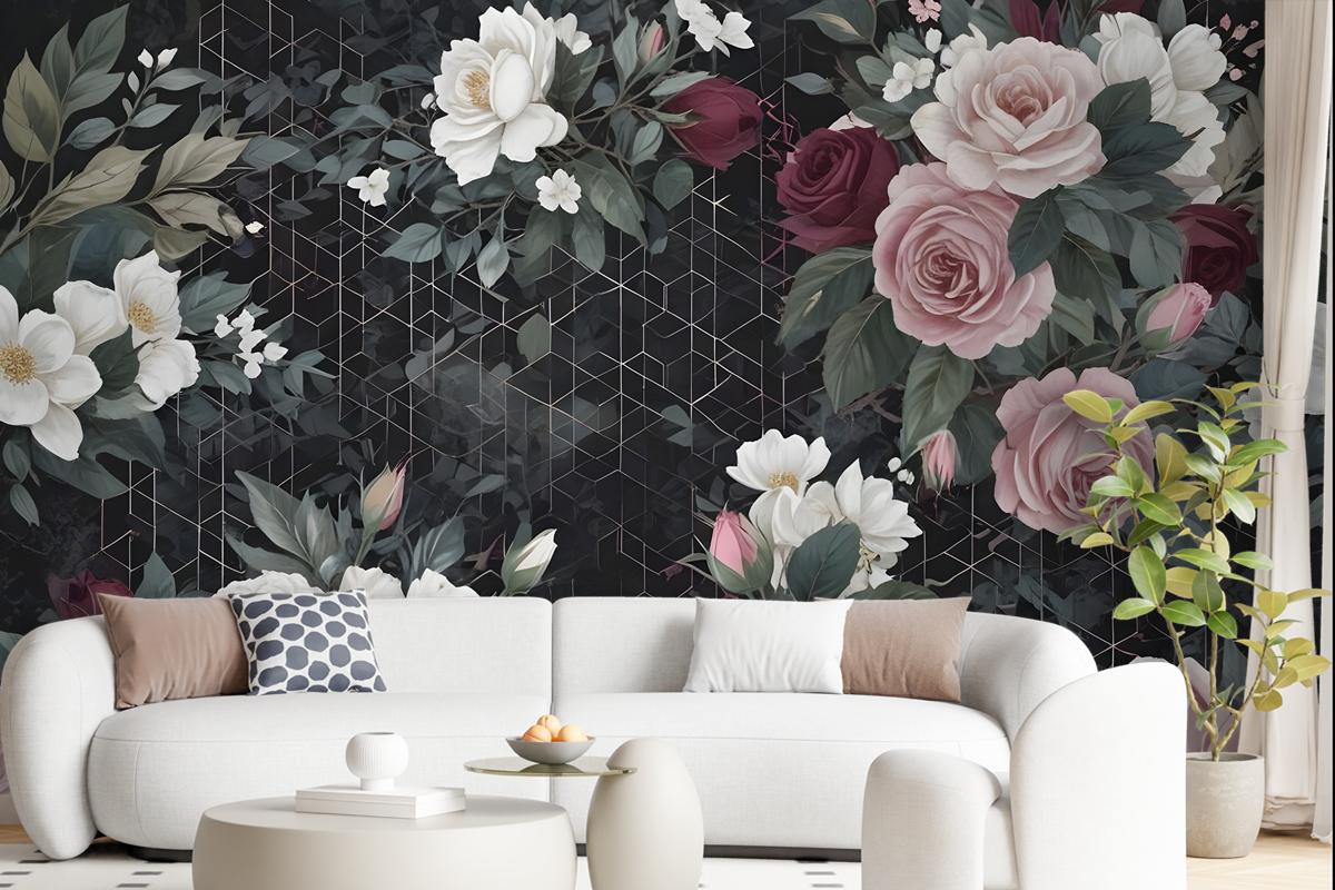 Colorful Floral With Dark Geometric Pattern Wallpaper Mural