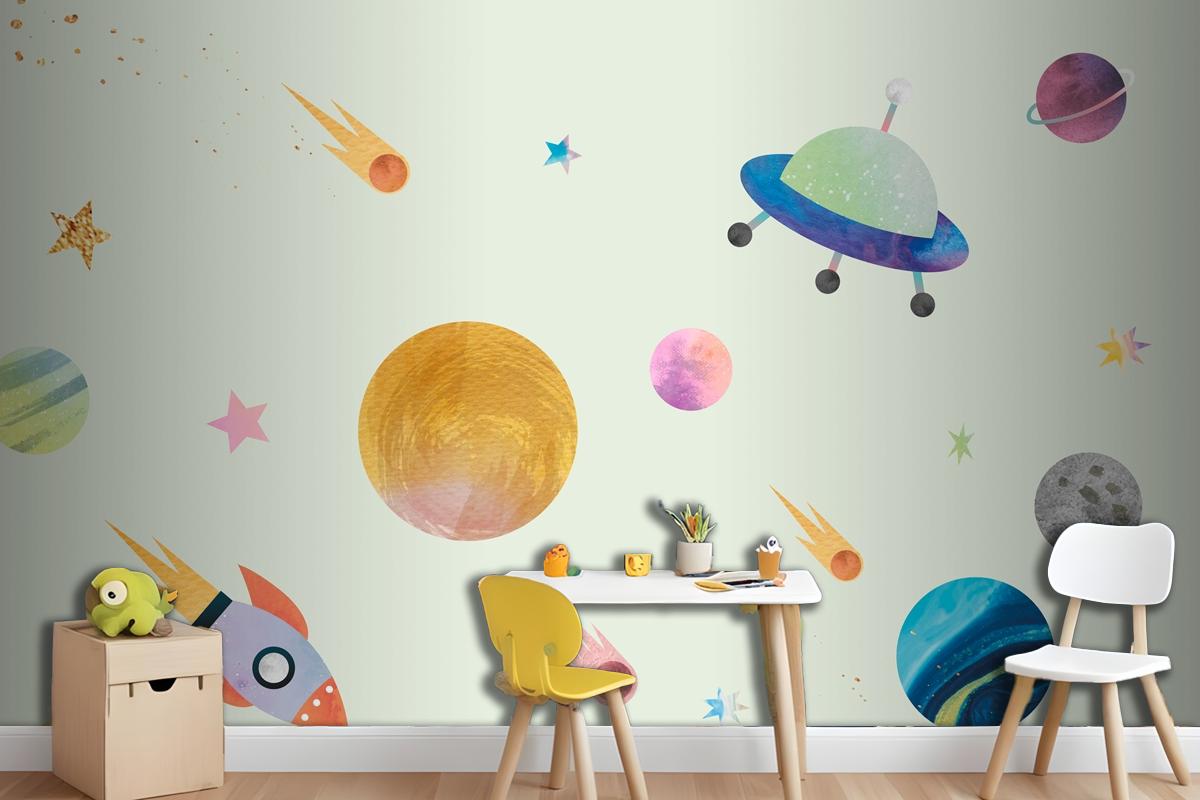 Colorful Galaxy Pattern Background In Cute Watercolor Style Wallpaper Mural