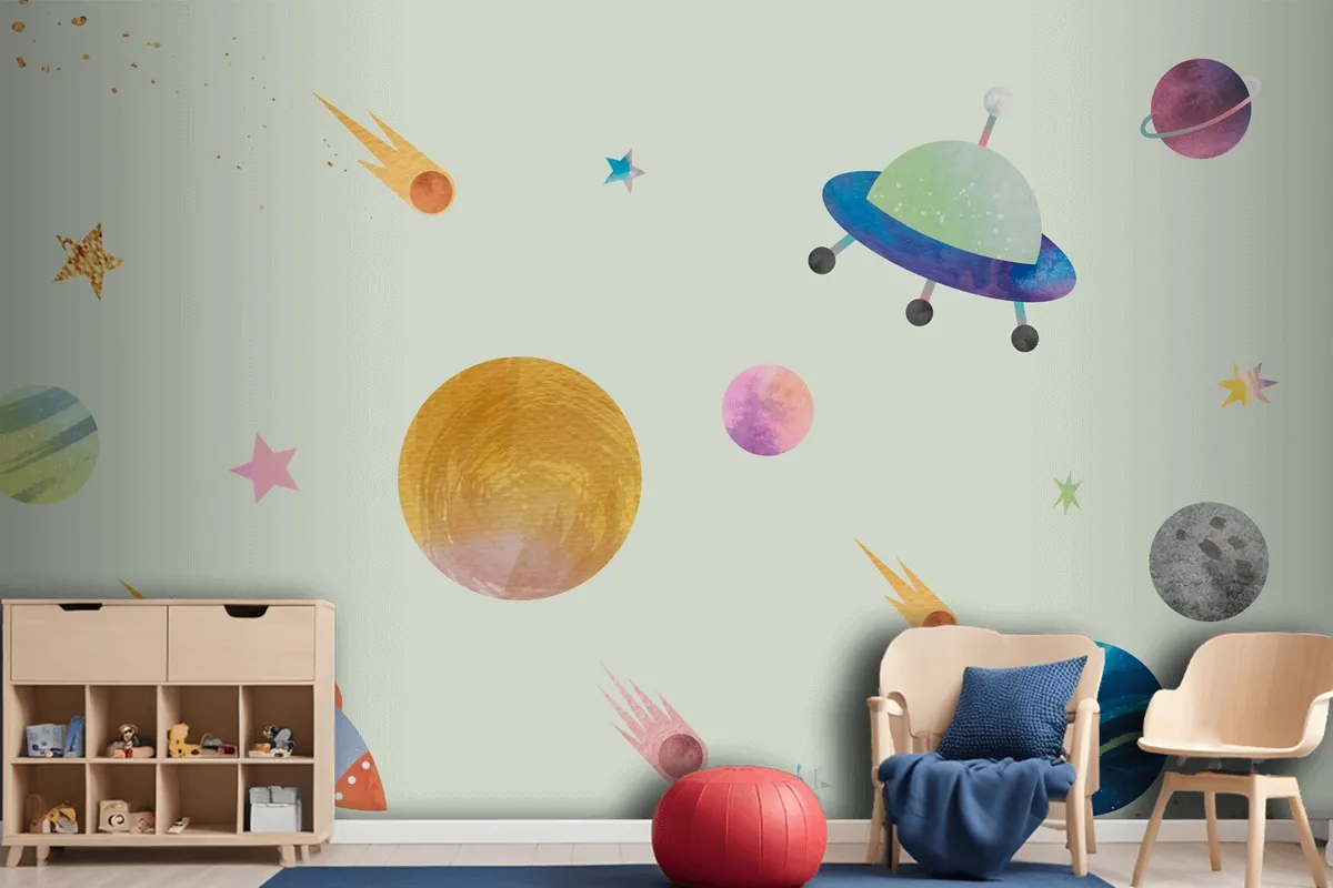 Colorful Galaxy Pattern Background In Cute Watercolor Style Wallpaper Mural