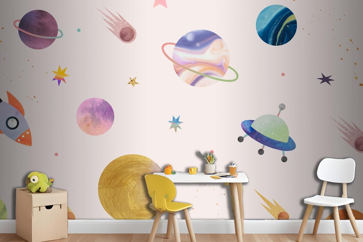 Colorful Galaxy Watercolor Doodle On Pastel Background Wallpaper Mural