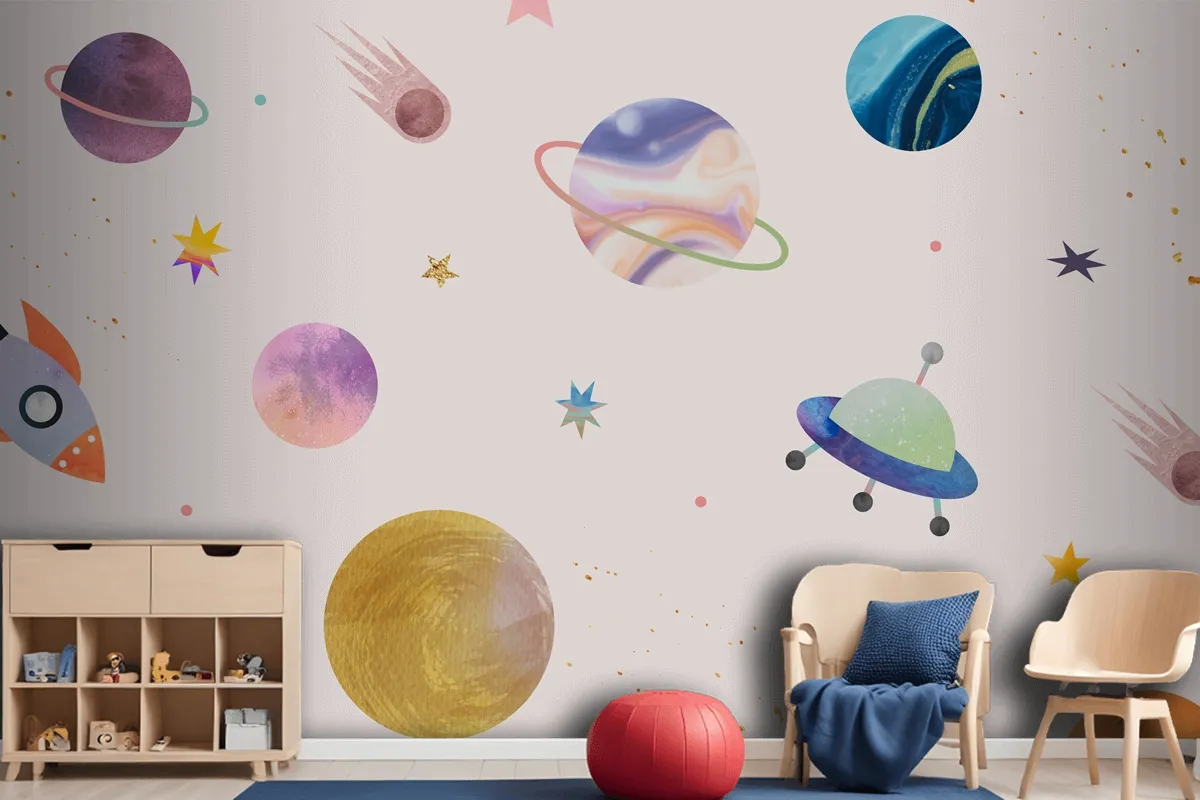 Colorful Galaxy Watercolor Doodle On Pastel Background Wallpaper Mural