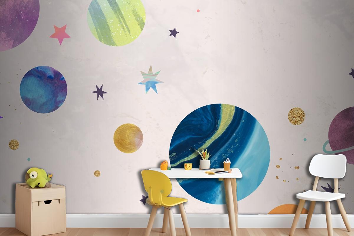 Colorful Galaxy Watercolor Doodle On Pastel Wallpaper Mural