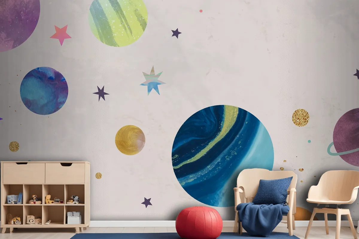 Colorful Galaxy Watercolor Doodle On Pastel Wallpaper Mural