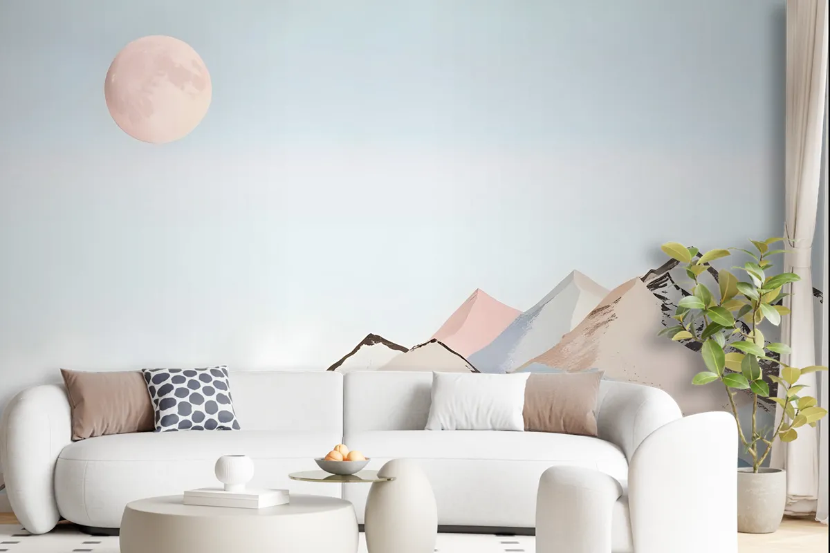 Colorful Mountain With Pink Moon Wallpaper Mural