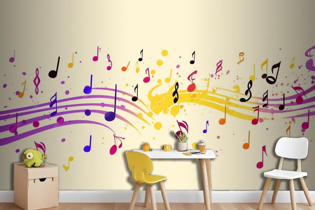 Colorful Musical Notes Yellow Background Wallpaper Mural