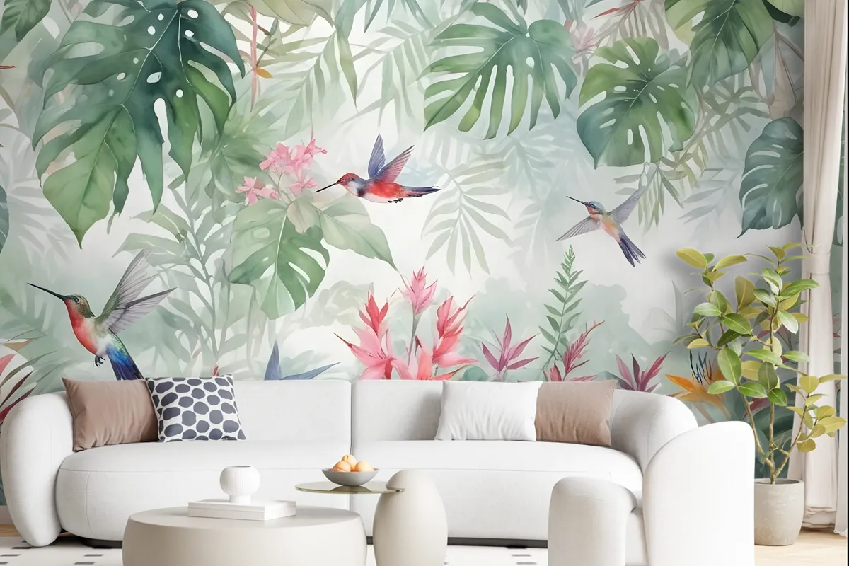 Colorful Tropical Exotic Cactus Floral With Little Birds Wallpaper Mural