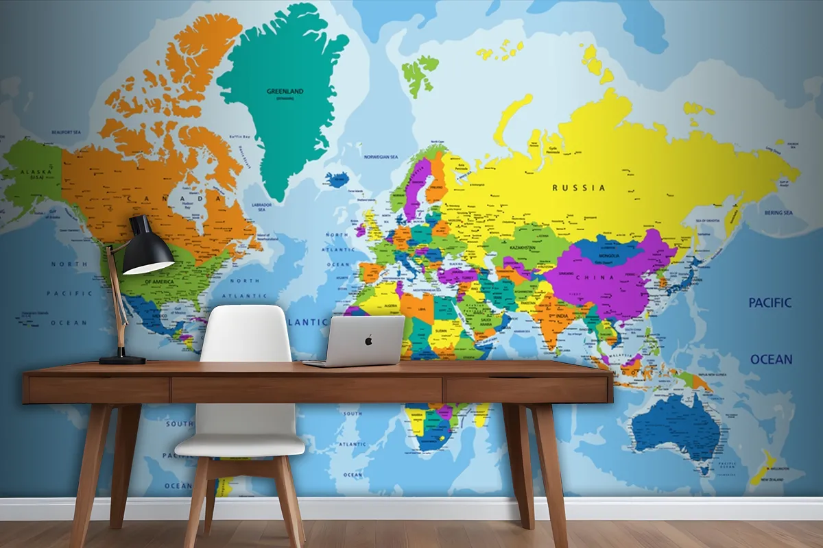 Colorful World Political Map With Clearly Labeled Wallpaper Mural