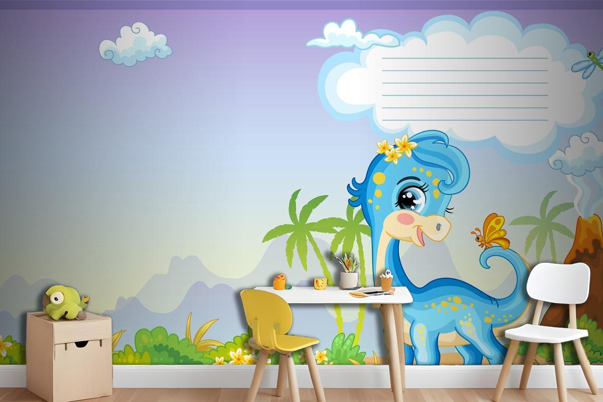 Cover For Notebook With Cute Dinosaur Blue Diplodocus Wallpaper Mural