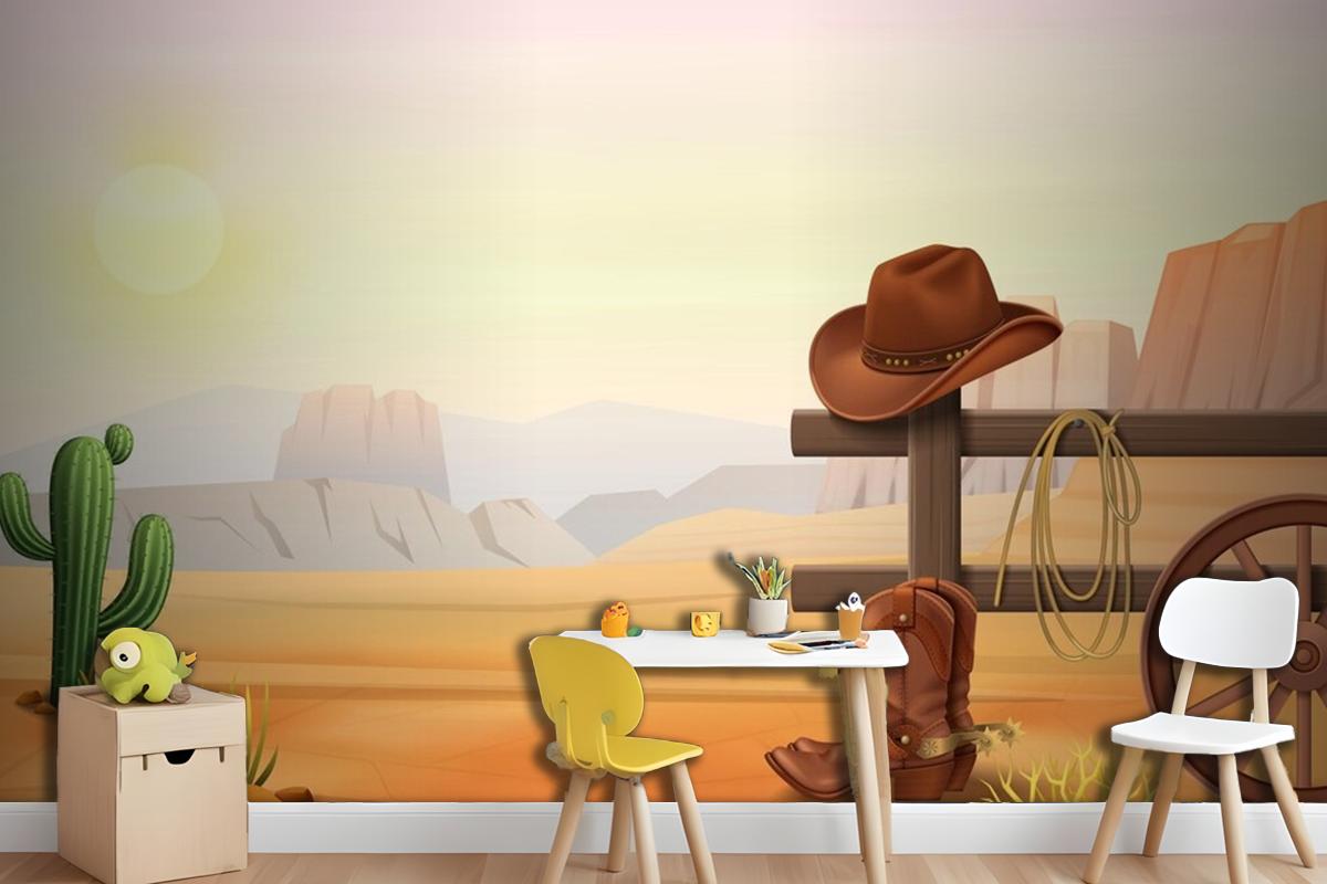 Cowboy Boots And Hat On Fence Wallpaper Mural