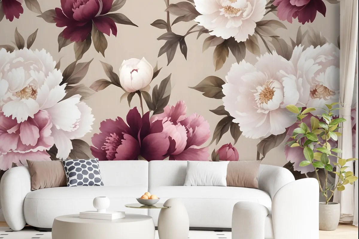 Cream Pink Peony Floral Pattern Wallpaper Mural