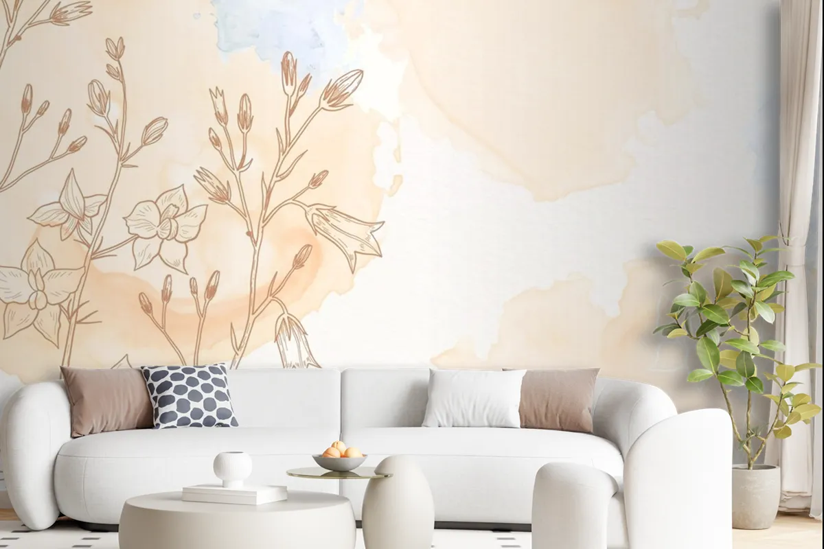 Cream Powder Pastel With Hand Drawn Flowers Background Wallpaper Mural