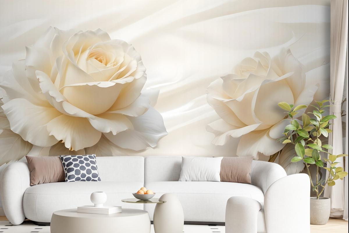 Cream Rose Floral With Water Pattern Wallpaper Mural