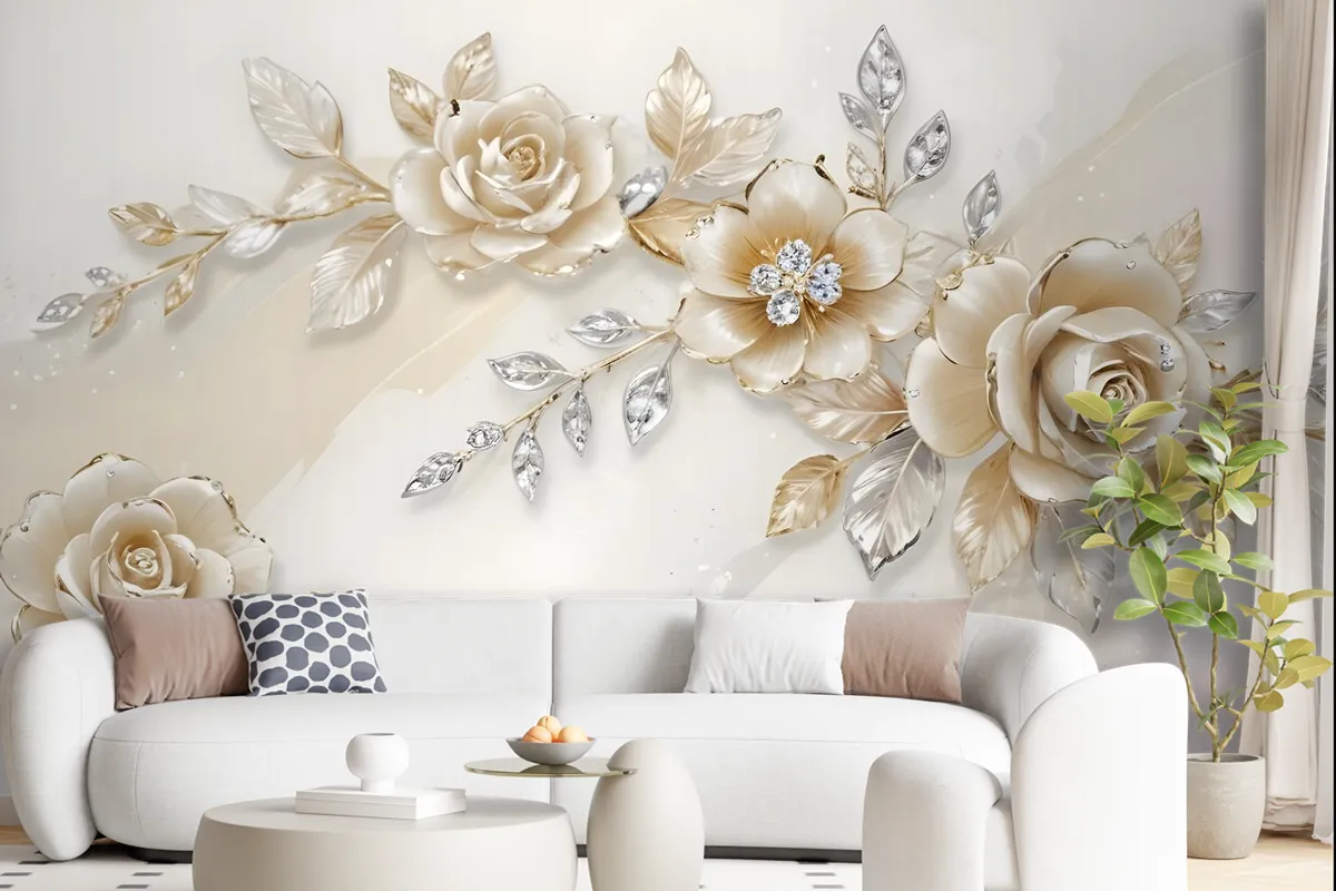 Cream Swarovski Rose Floral Wallpaper Mural