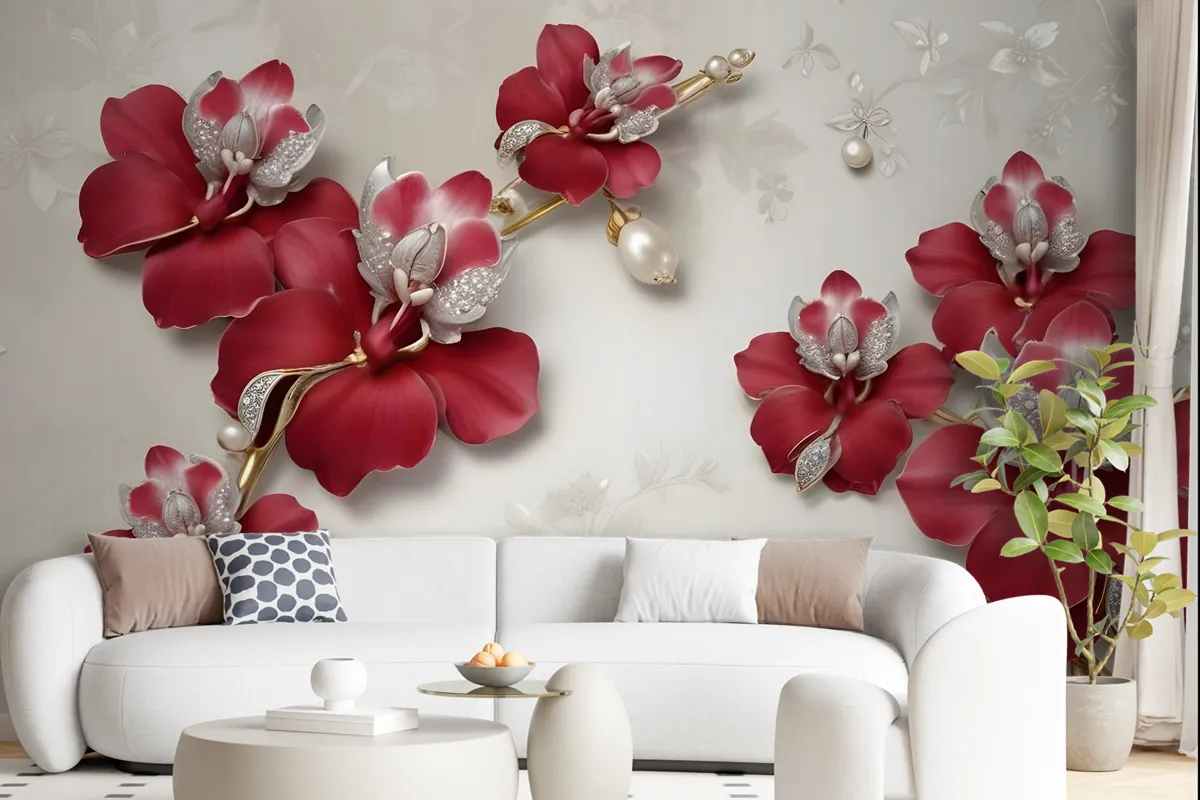 Crystal Red Floral Art Wallpaper Mural