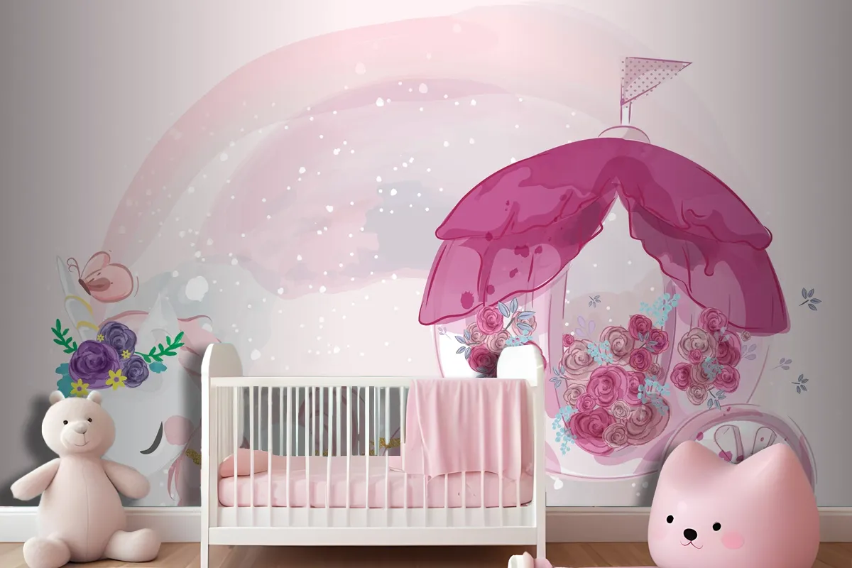 Cute Baby Unicorn Hand Drawn In Sweet Watercolor Style Wallpaper Mural