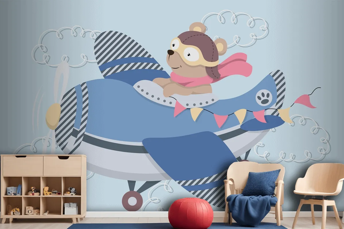 Cute Cartoon Teddy Bear In Aviator Glasses A Leather Helmet And Scarf Flying In Vintage Airplane Wallpaper Mural