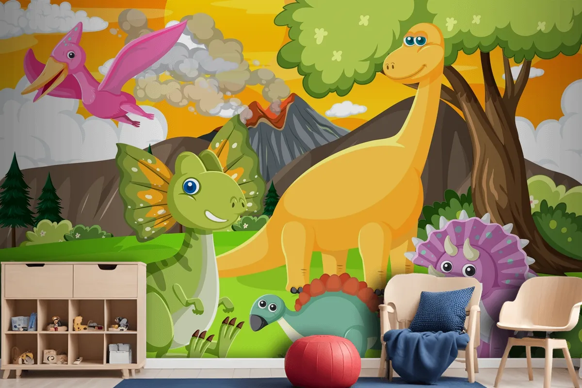 Cute Dinosaur Group In Forest Wallpaper Mural